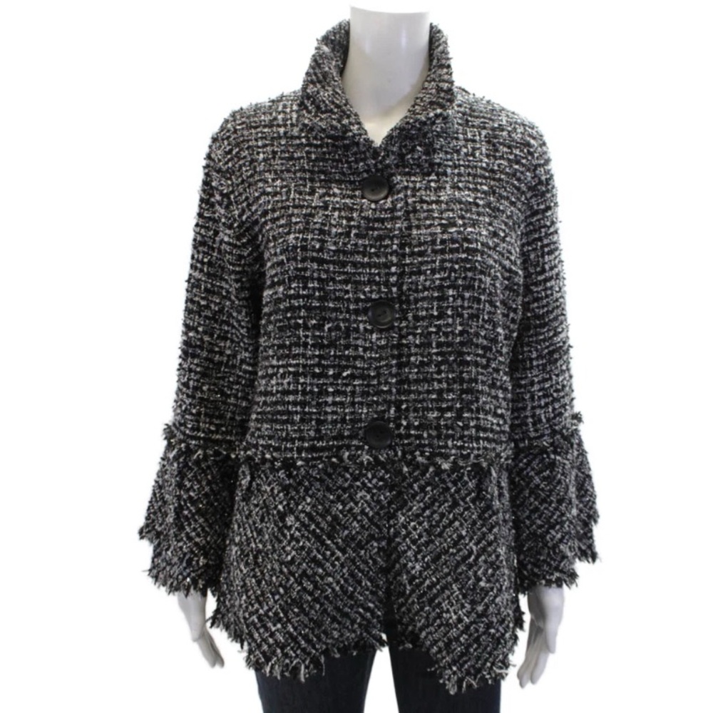 New Damee Elegant Black metallic collared Tweed Jacket with flared hem. Size 1X